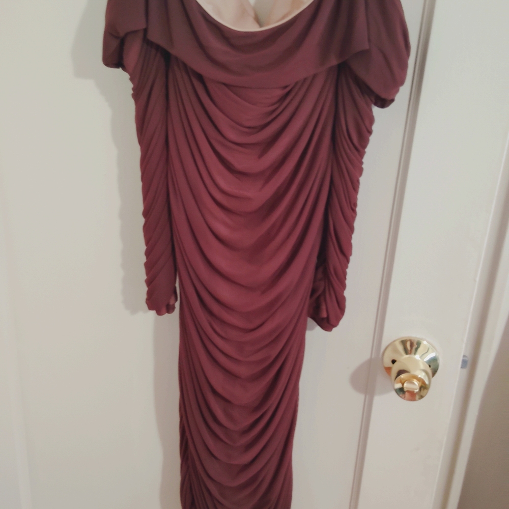 Brown Ruched Cowl Neck Cocktail Gown